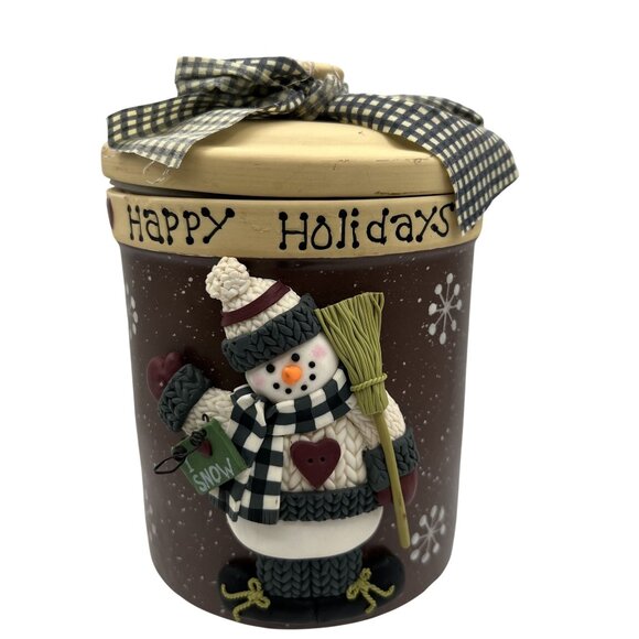 Happy Holidays 3D Snowman Ceramic Cookie Jar Lid Bow 7" Brown Snowflake Design - Picture 7 of 12